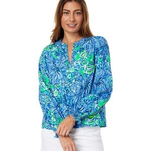 Lilly Pulitzer NWT Coulter Long Sleeve Blouse Abaco Blue in Turtle Awe Size S